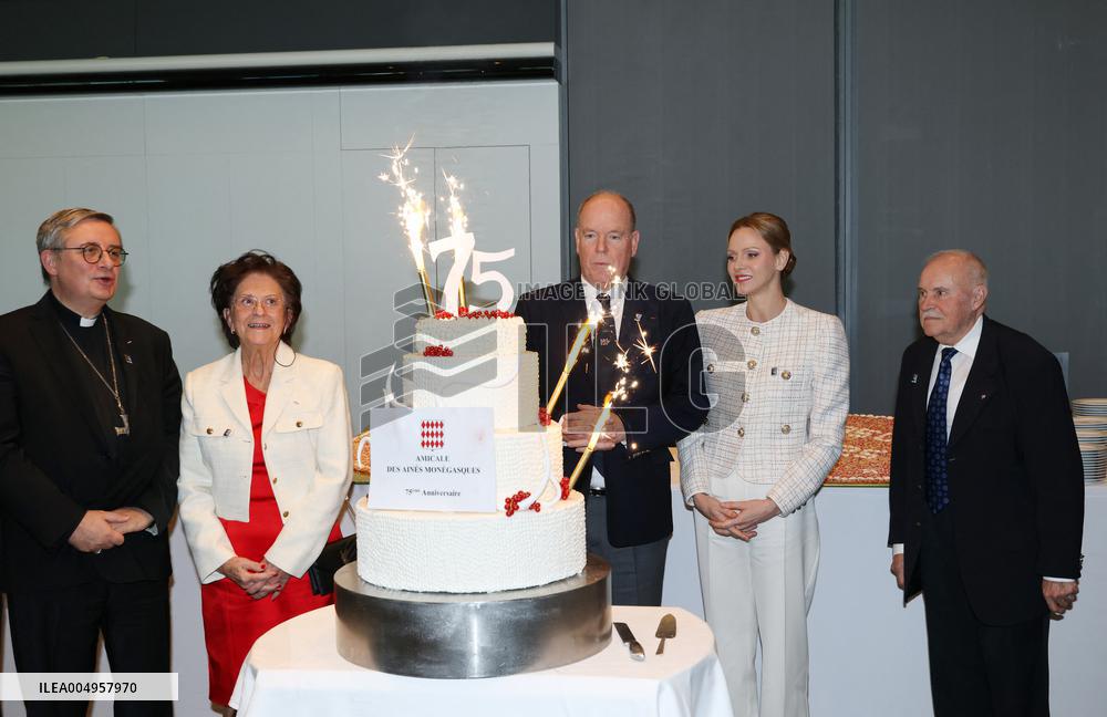 NO TABLOIDS - Prince Albert and Princess Charlene with Friendship Group of Monegasque Elders - Monaco