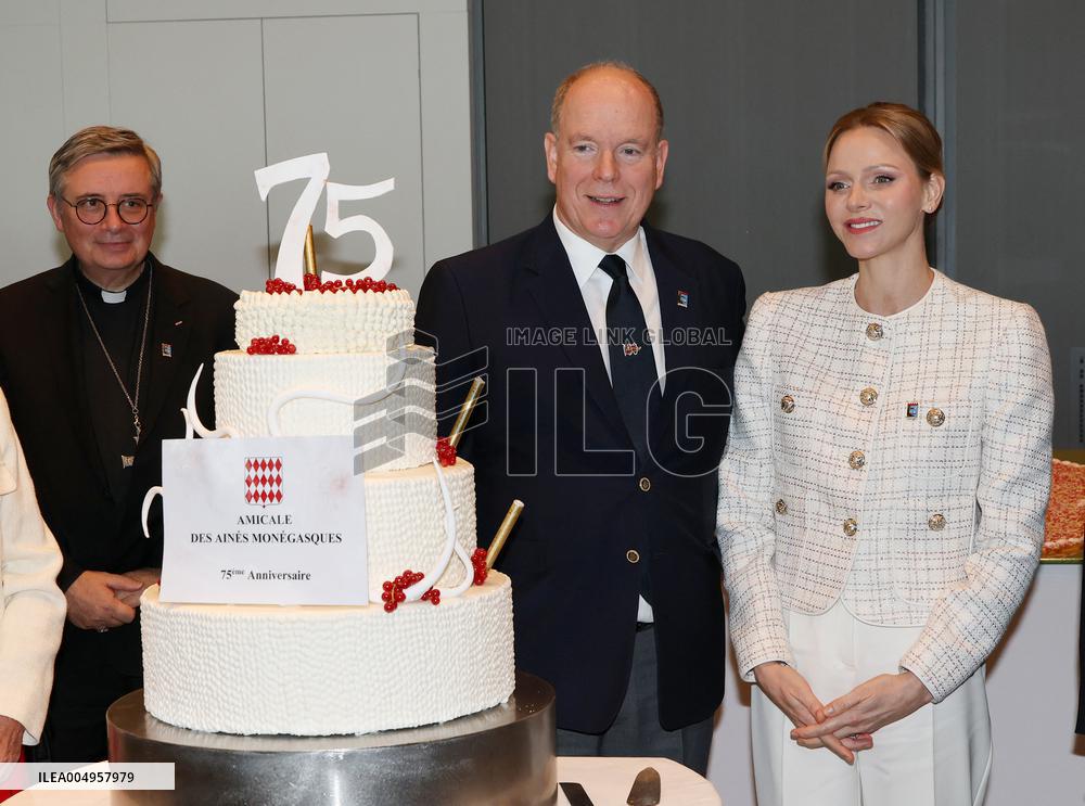 NO TABLOIDS - Prince Albert and Princess Charlene with Friendship Group of Monegasque Elders - Monaco