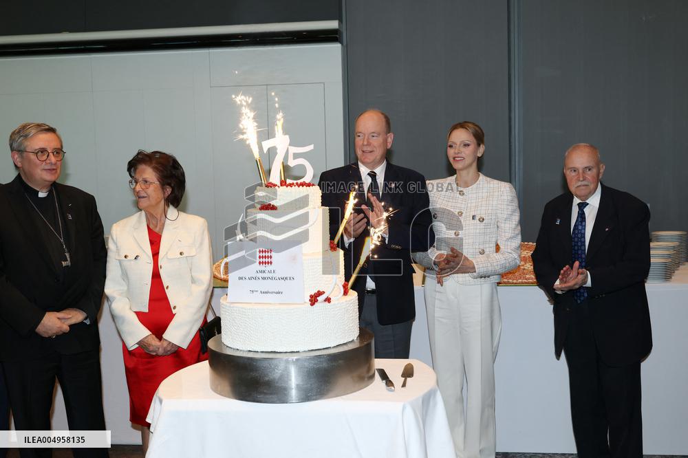 NO TABLOIDS - Prince Albert and Princess Charlene with Friendship Group of Monegasque Elders - Monaco