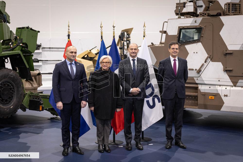 French Defence Minister and Croatia's Defence Minister visit the military defence system supplier KNDS - Versailles AJ