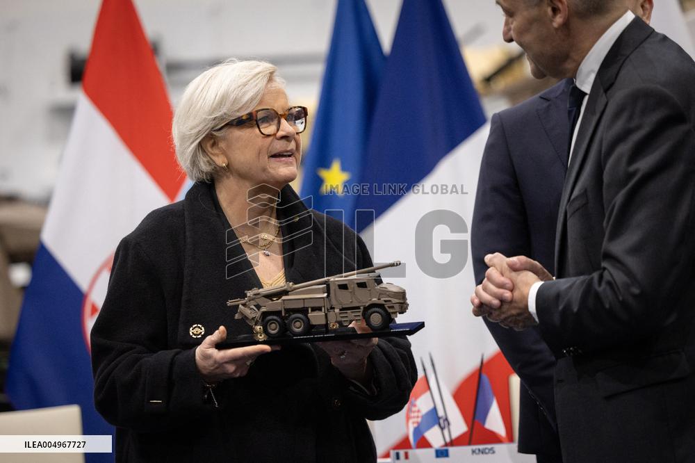 French Defence Minister and Croatia's Defence Minister visit the military defence system supplier KNDS - Versailles AJ