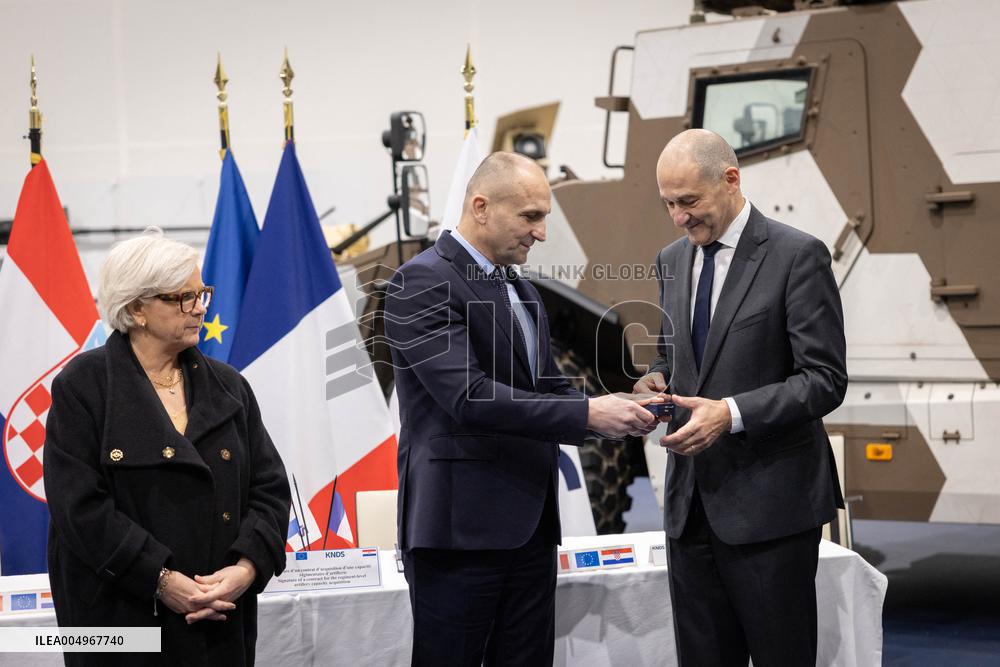 French Defence Minister and Croatia's Defence Minister visit the military defence system supplier KNDS - Versailles AJ