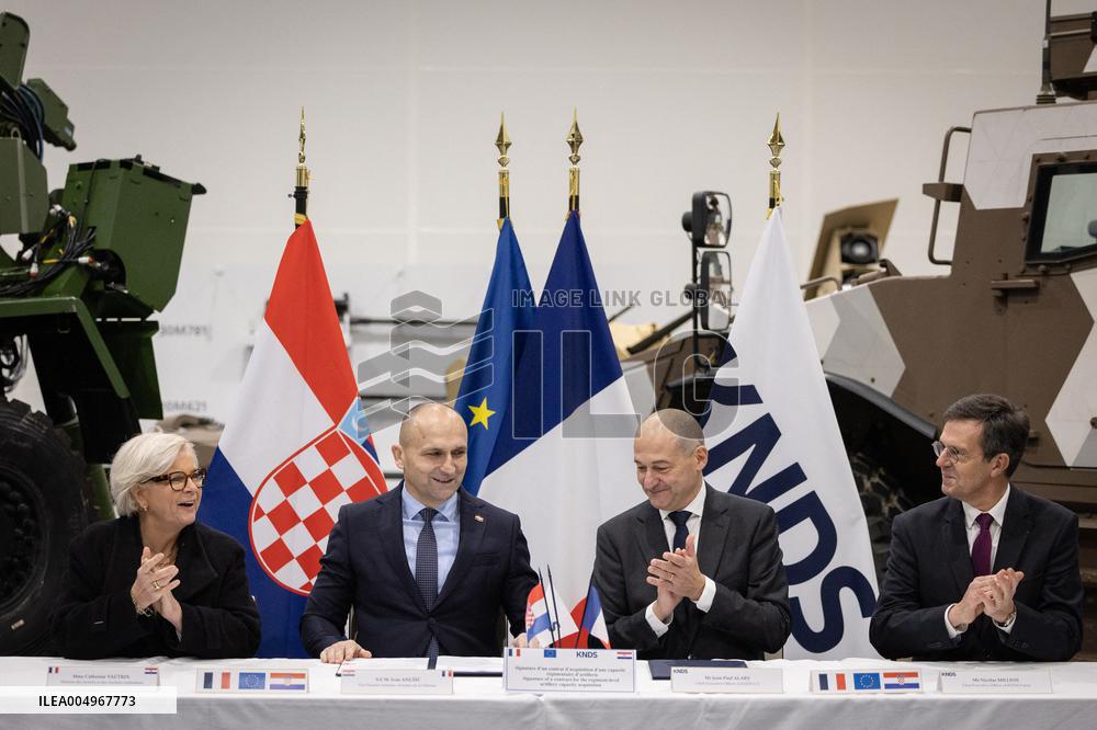 French Defence Minister and Croatia's Defence Minister visit the military defence system supplier KNDS - Versailles AJ