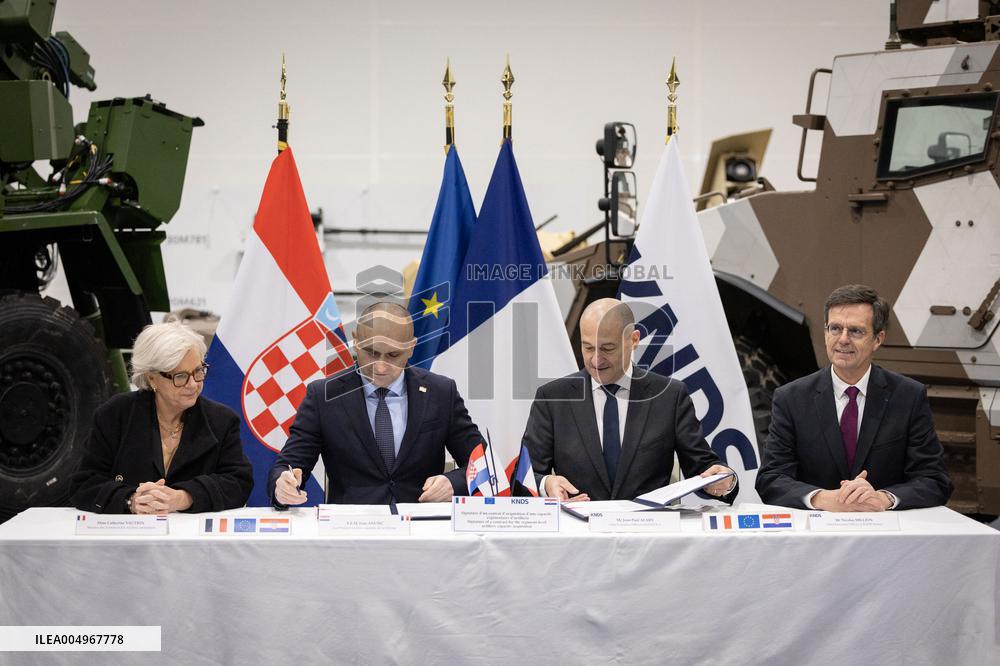 French Defence Minister and Croatia's Defence Minister visit the military defence system supplier KNDS - Versailles AJ