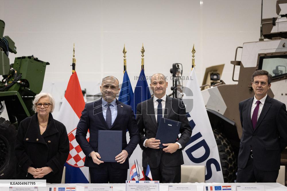 French Defence Minister and Croatia's Defence Minister visit the military defence system supplier KNDS - Versailles AJ