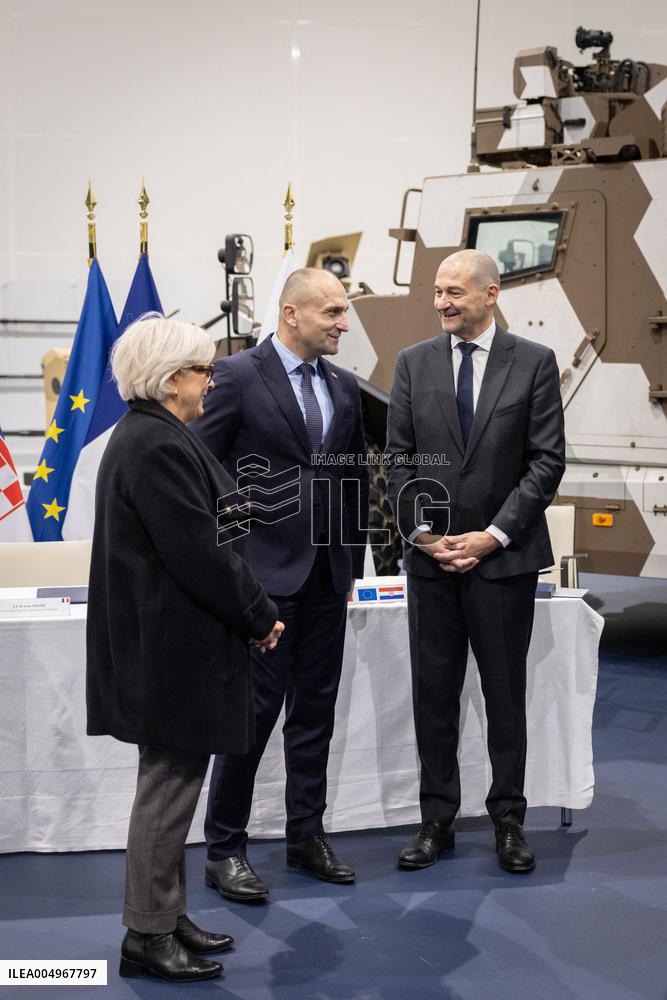 French Defence Minister and Croatia's Defence Minister visit the military defence system supplier KNDS - Versailles AJ