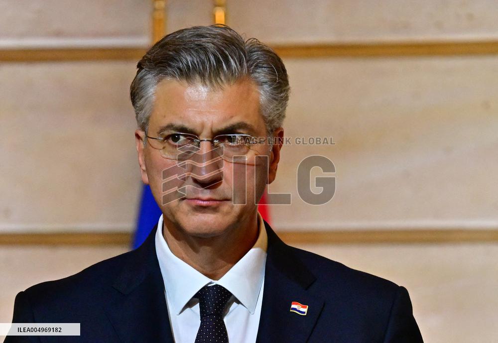 President Macron And PM Plenkovic Give A Press Conference - Paris