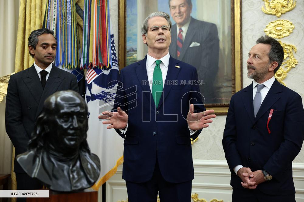 US President Donald J. Trump delivers remarks during a signing ceremony in the Oval Office