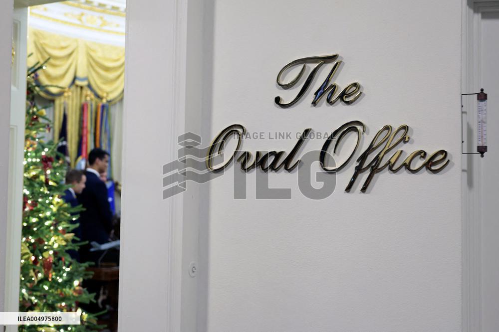 US President Donald J. Trump delivers remarks during a signing ceremony in the Oval Office