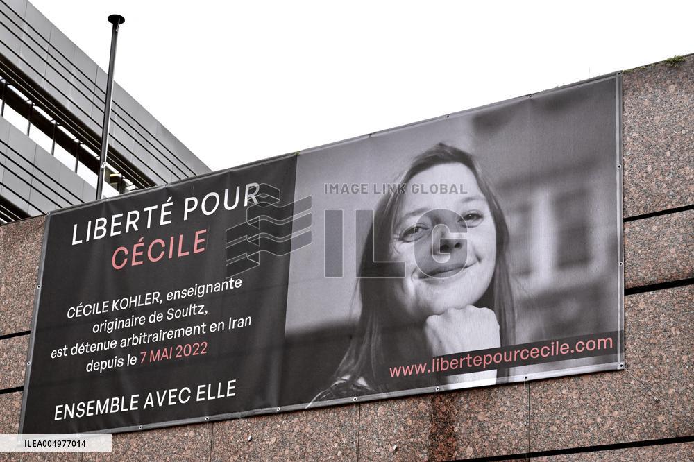 Display Of Portrait of Cecile Kohler Currently Detained In Iran - Strasbourg