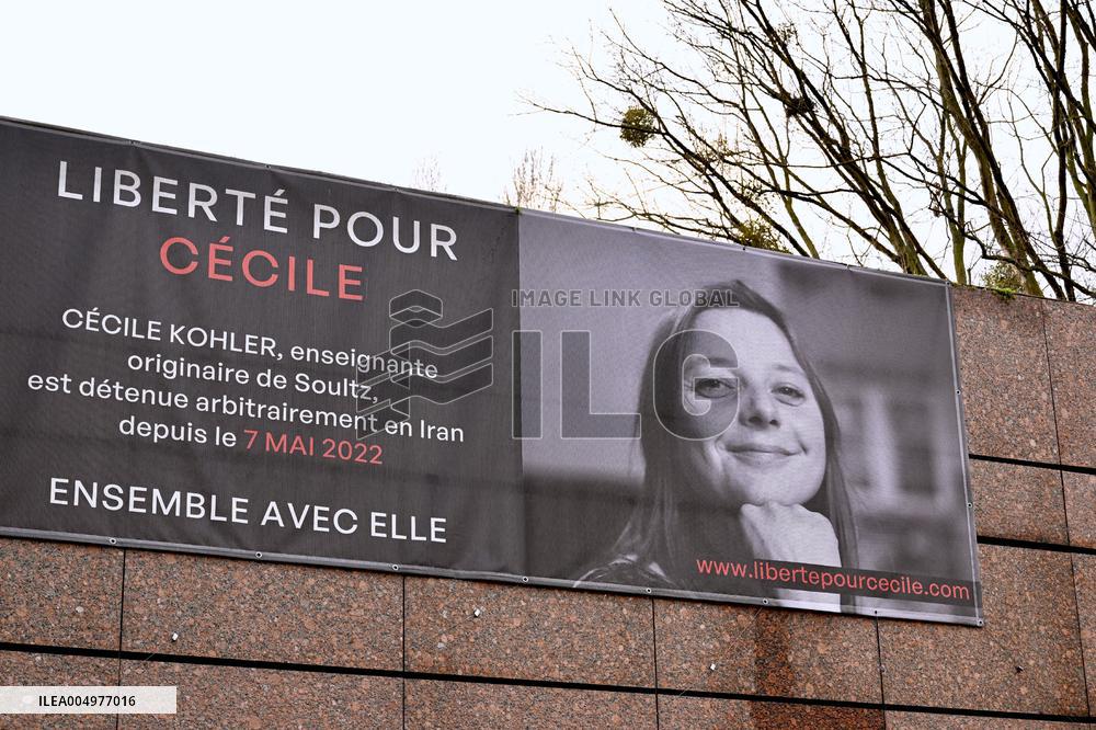 Display Of Portrait of Cecile Kohler Currently Detained In Iran - Strasbourg