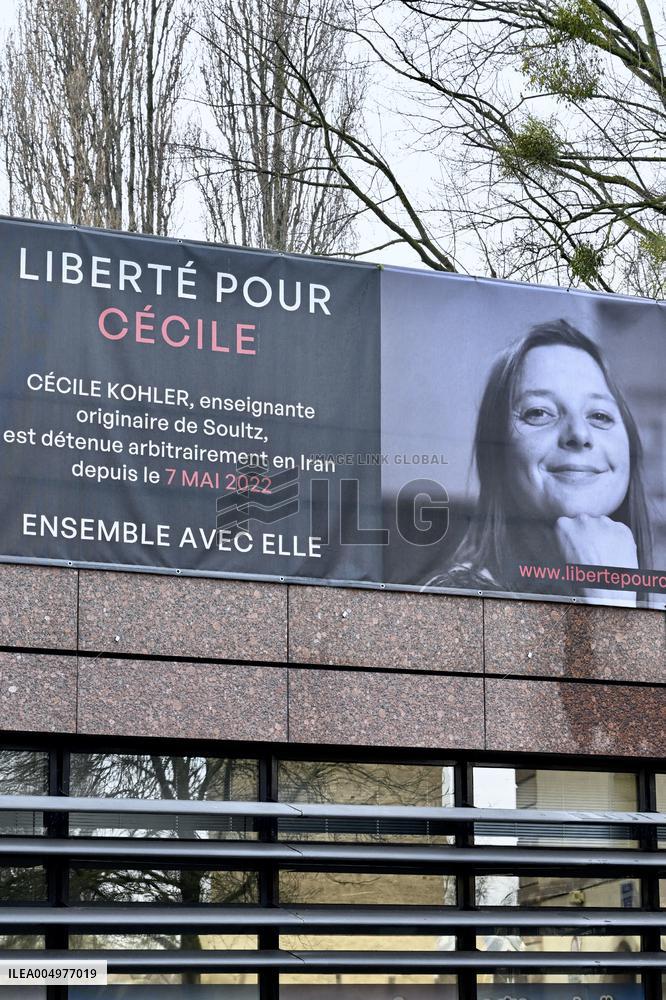 Display Of Portrait of Cecile Kohler Currently Detained In Iran - Strasbourg