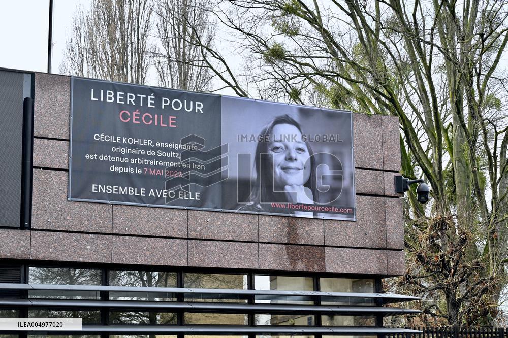 Display Of Portrait of Cecile Kohler Currently Detained In Iran - Strasbourg