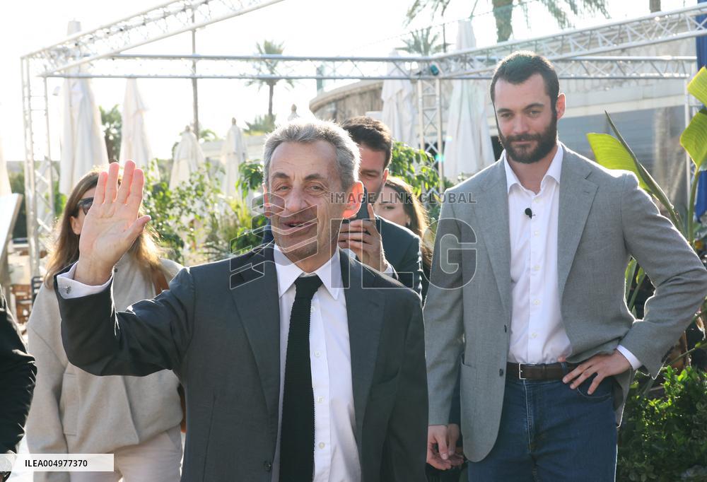 Nicolas Sarkozy And Son Arrive For Lunch At Restaurant - France
