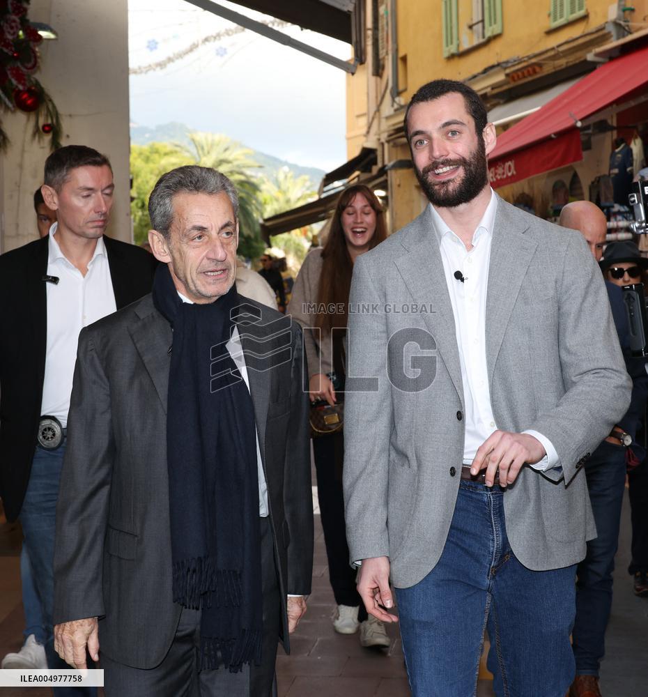 Nicolas Sarkozy And Son Leave Restaurant To Attend Book Signing - France