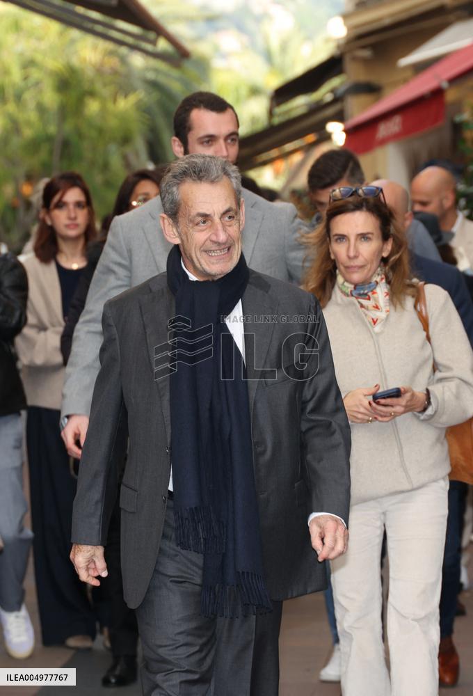 Nicolas Sarkozy And Son Leave Restaurant To Attend Book Signing - France