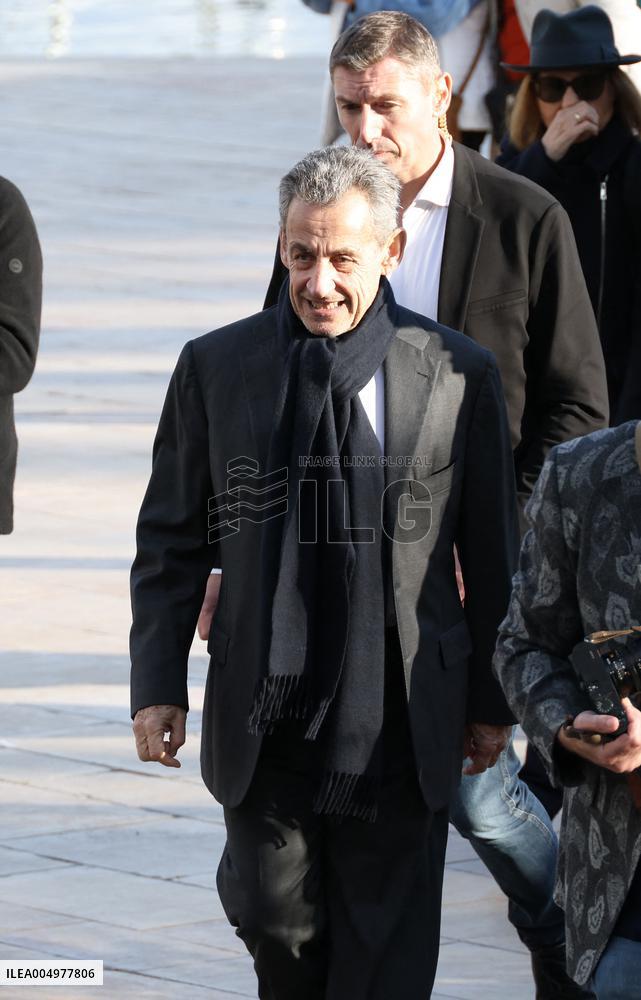 Nicolas Sarkozy And Son Leave Restaurant To Attend Book Signing - France