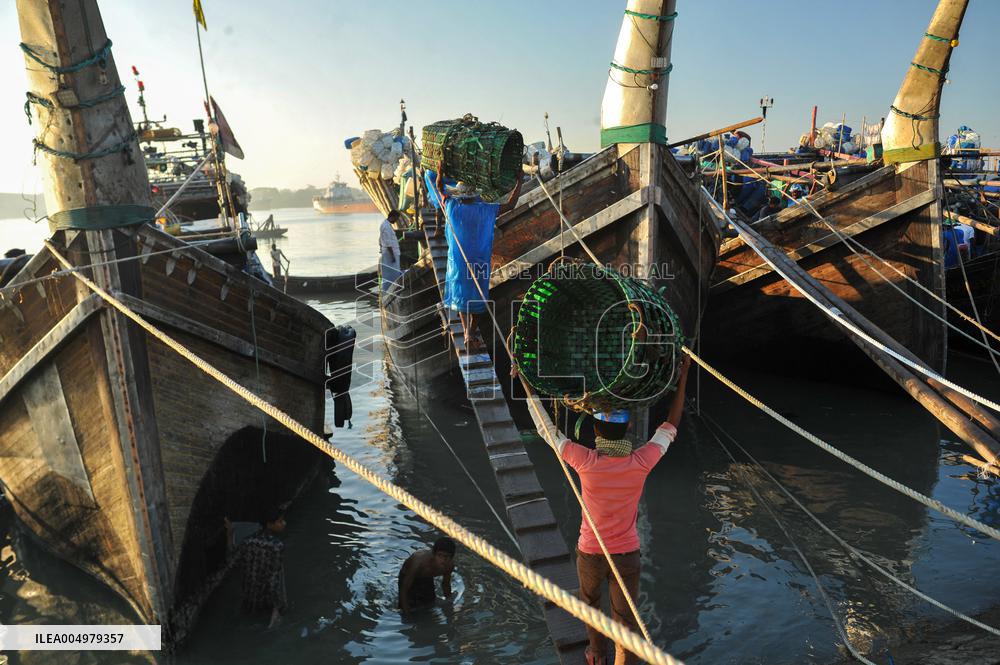 Fishers Unload Fresh Seafood by Boats - Chittagong