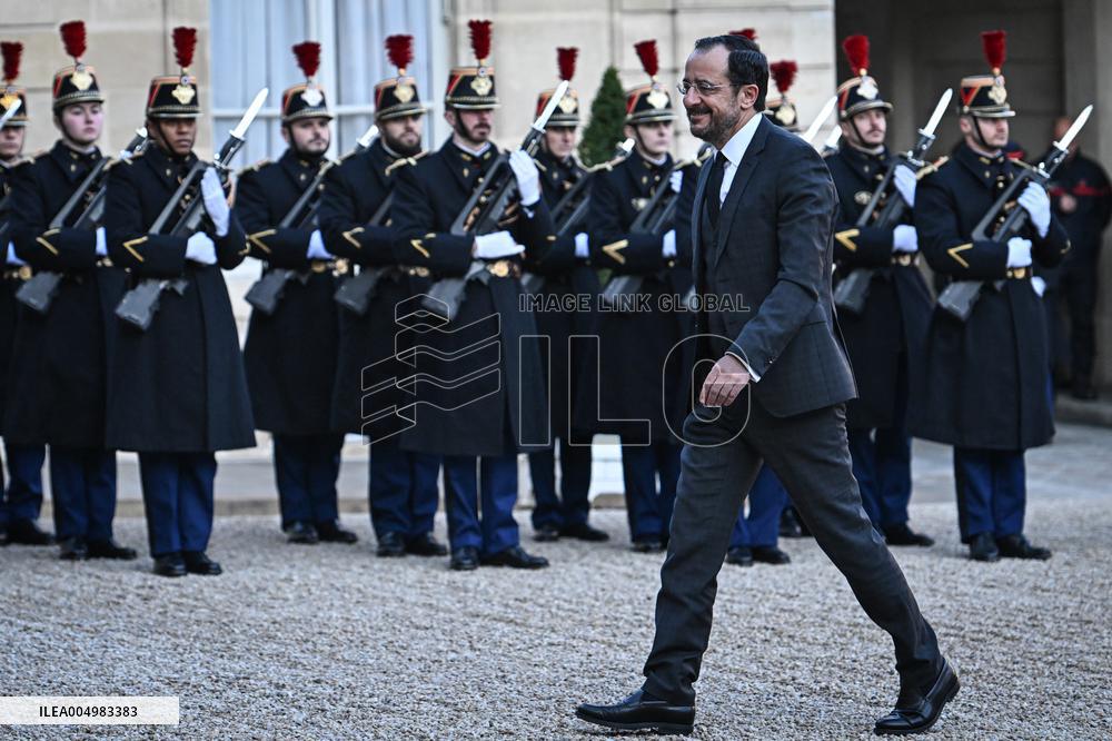 Emmanuel Macron welcomes Nikos Christodoulides at the Elysee FA
