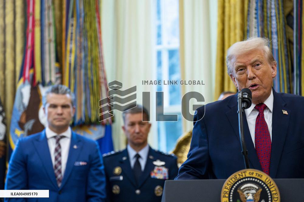 President Donald Trump Awards Mexican Border Defense Medal in Oval Office