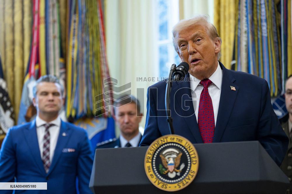 President Donald Trump Awards Mexican Border Defense Medal in Oval Office