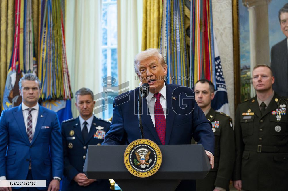 President Donald Trump Awards Mexican Border Defense Medal in Oval Office