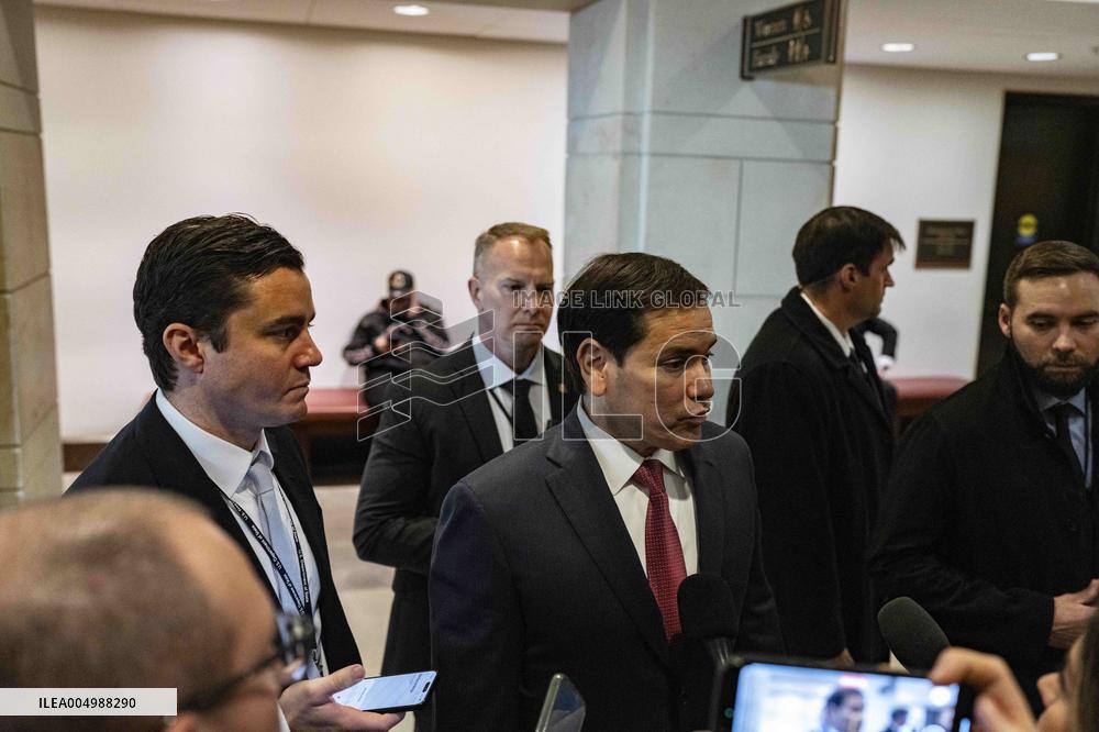 Secretary of State Marco Rubio offers remarks after he came out of a classified briefing