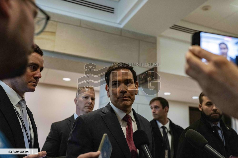 Secretary of State Marco Rubio offers remarks after he came out of a classified briefing