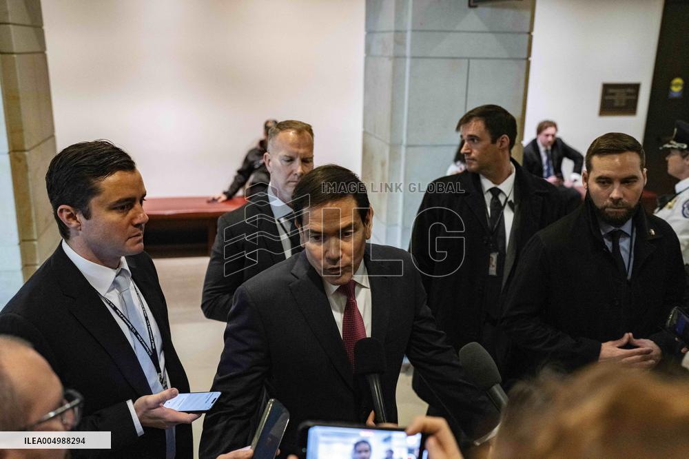 Secretary of State Marco Rubio offers remarks after he came out of a classified briefing