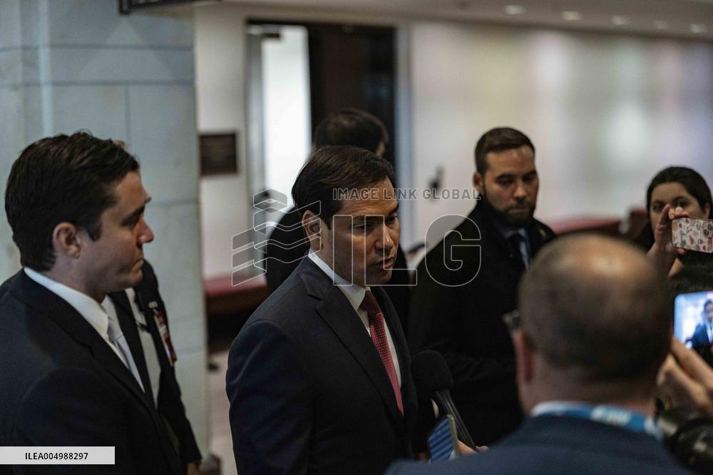 Secretary of State Marco Rubio offers remarks after he came out of a classified briefing