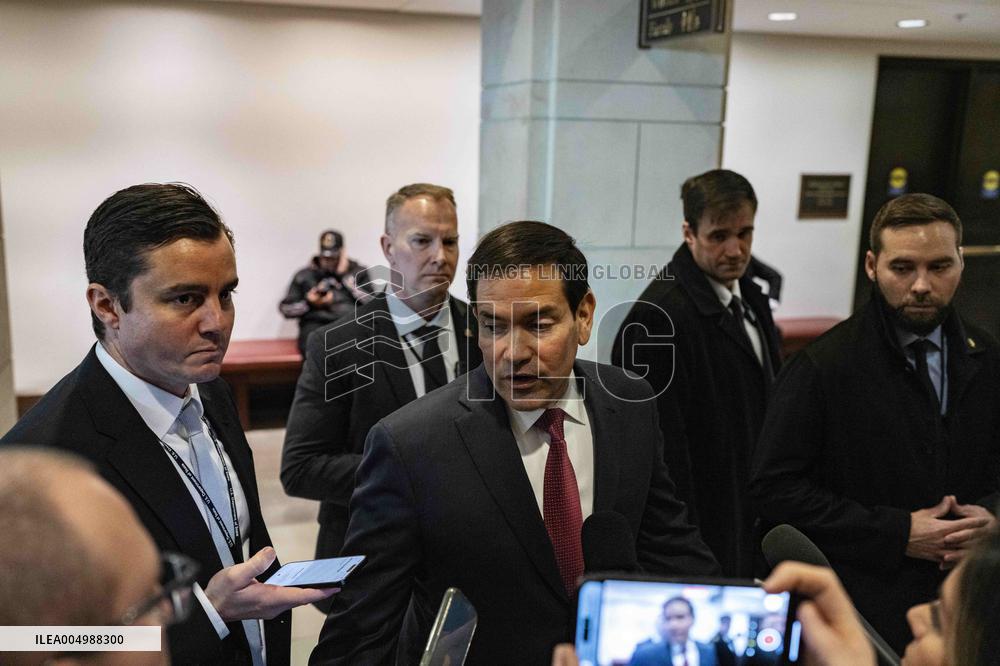 Secretary of State Marco Rubio offers remarks after he came out of a classified briefing