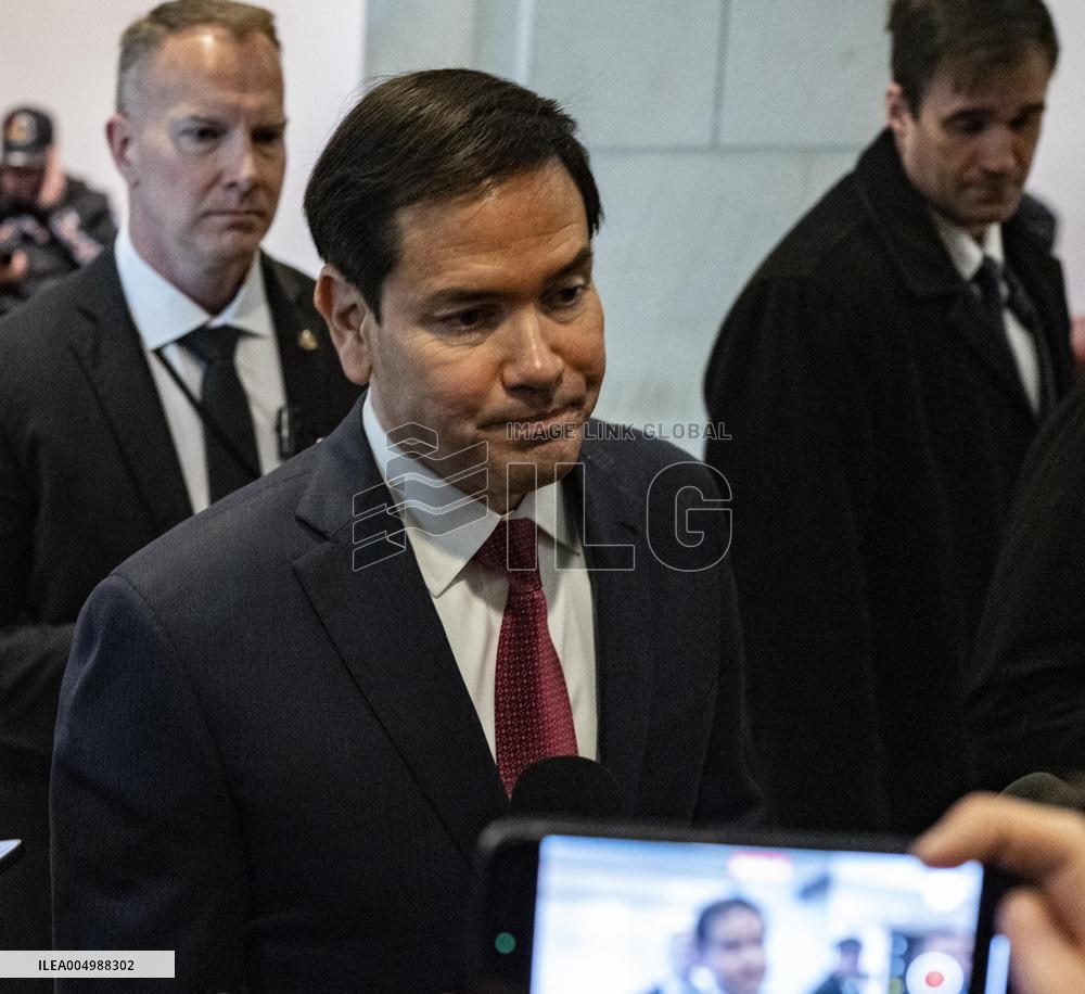 Secretary of State Marco Rubio offers remarks after he came out of a classified briefing