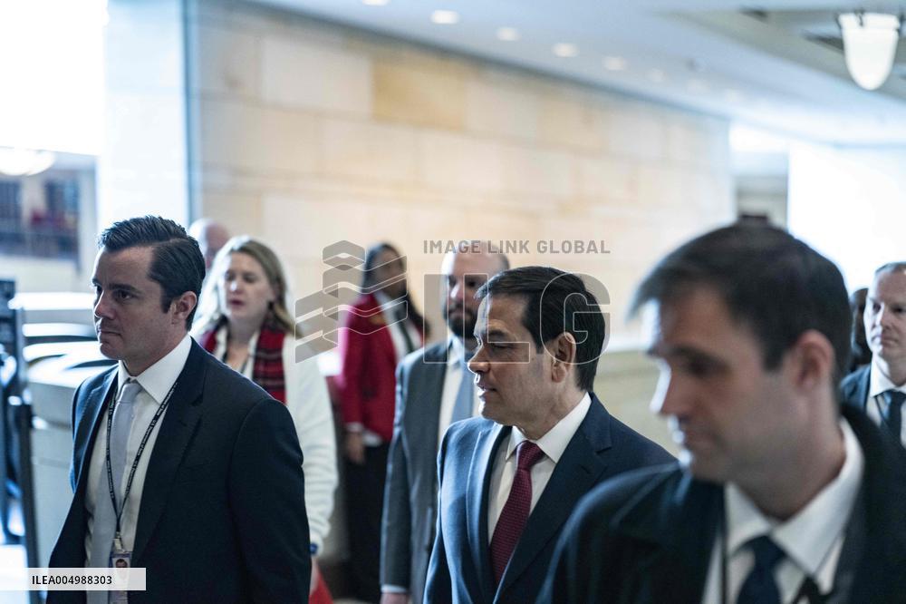 Secretary of State Marco Rubio offers remarks after he came out of a classified briefing