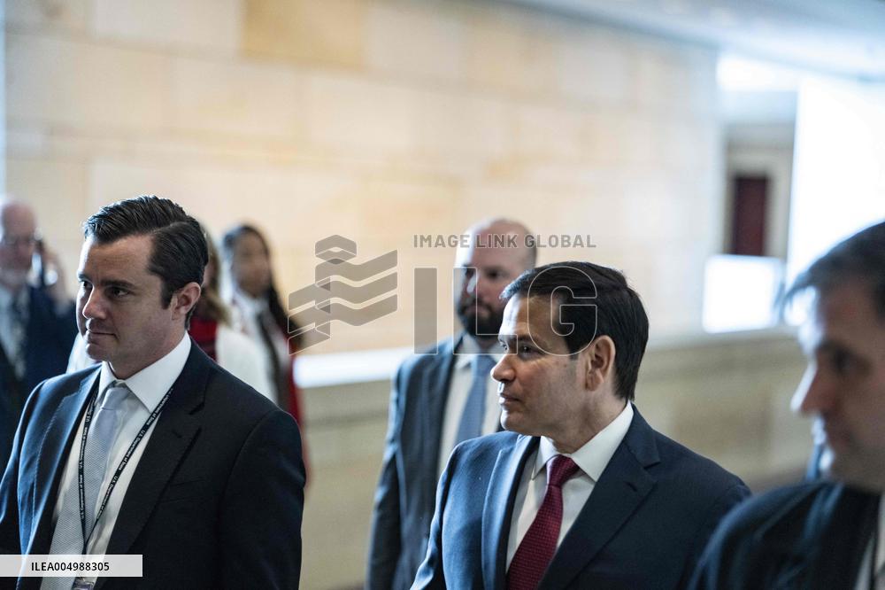 Secretary of State Marco Rubio offers remarks after he came out of a classified briefing