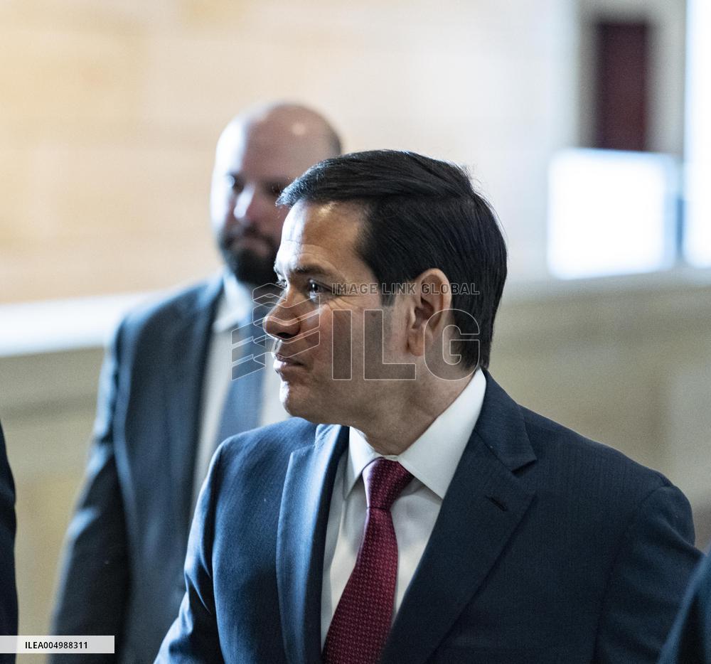 Secretary of State Marco Rubio offers remarks after he came out of a classified briefing