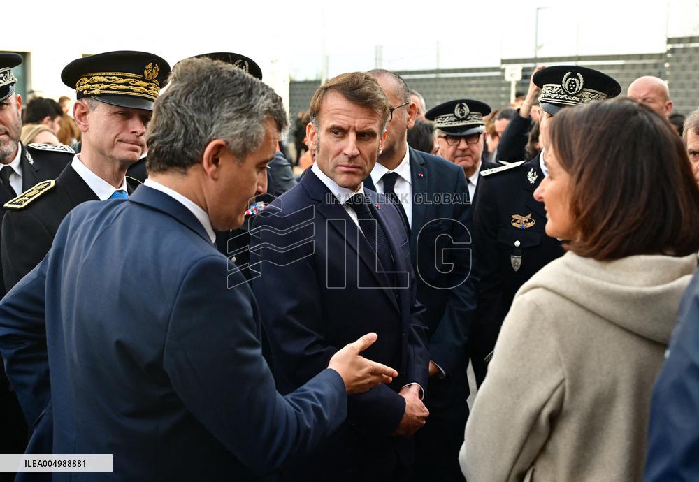 French President Macron Inaugurates Police Station In Marseille - France
