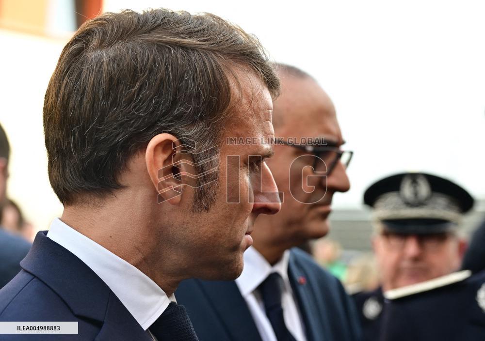 French President Macron Inaugurates Police Station In Marseille - France