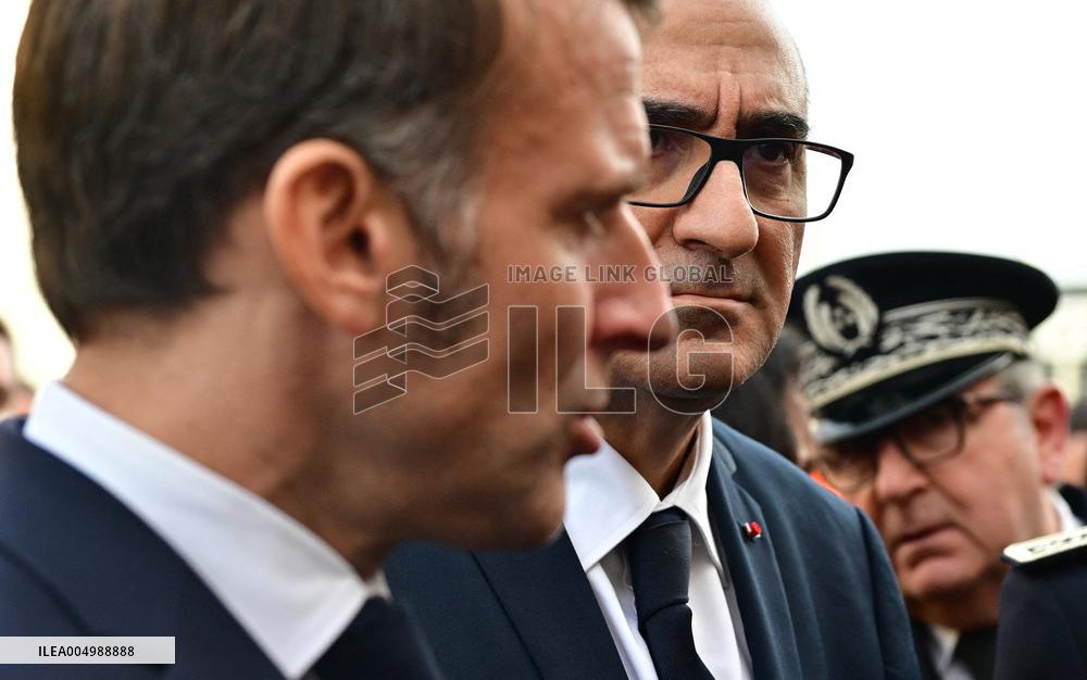 French President Macron Inaugurates Police Station In Marseille - France