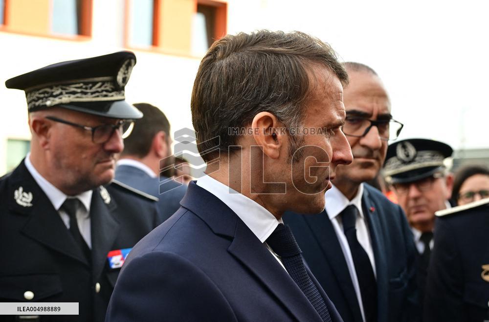French President Macron Inaugurates Police Station In Marseille - France