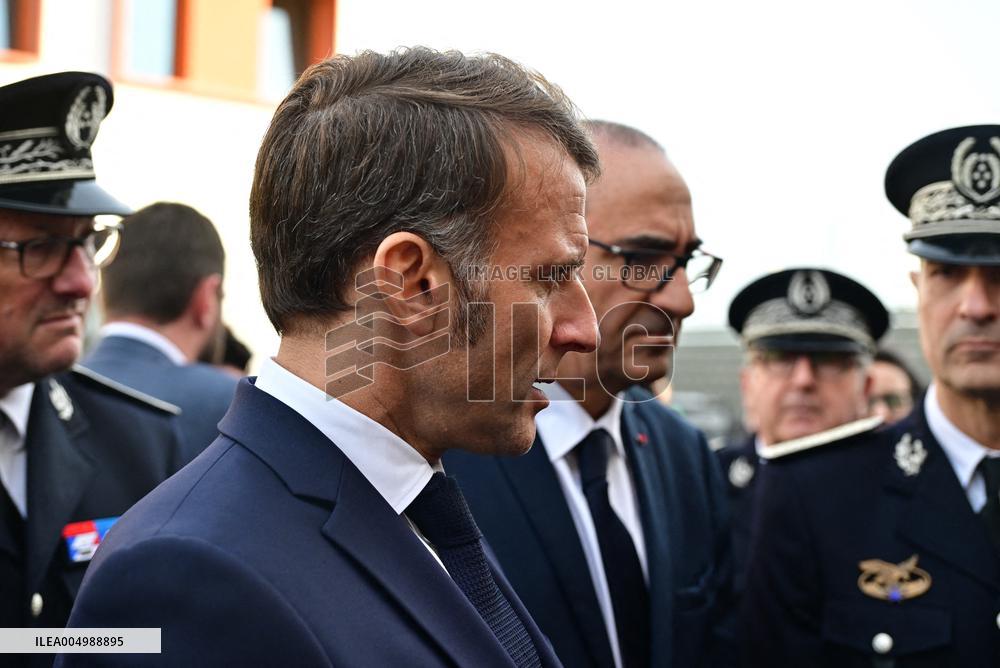 French President Macron Inaugurates Police Station In Marseille - France