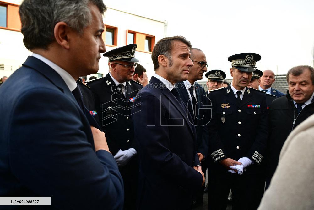 French President Macron Inaugurates Police Station In Marseille - France
