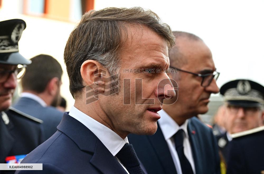 French President Macron Inaugurates Police Station In Marseille - France