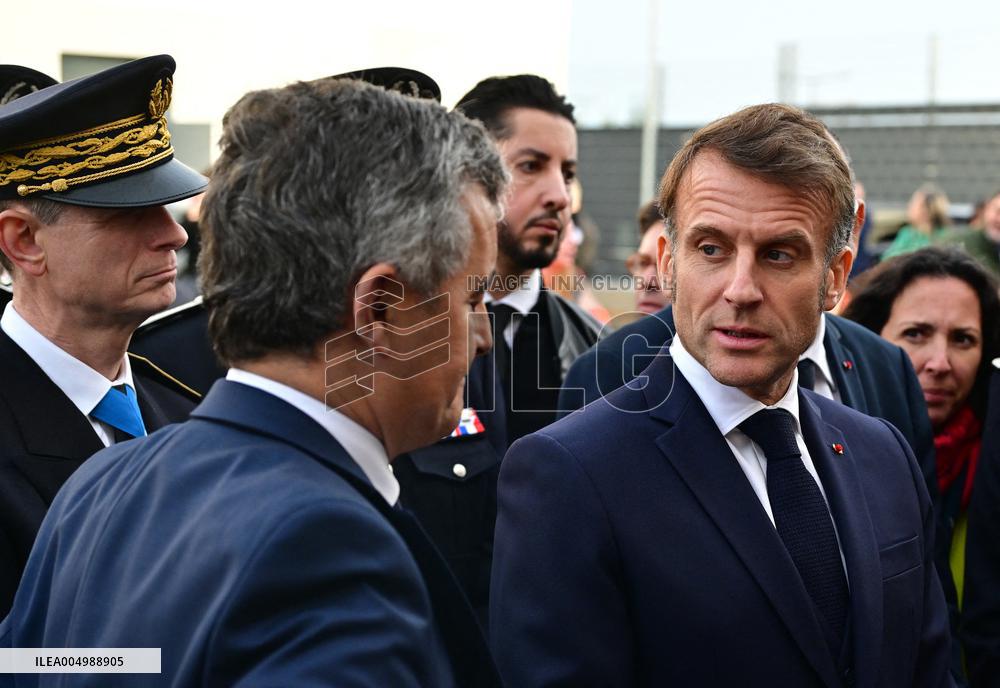 French President Macron Inaugurates Police Station In Marseille - France