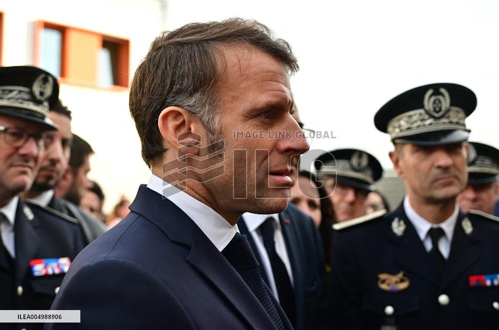 French President Macron Inaugurates Police Station In Marseille - France