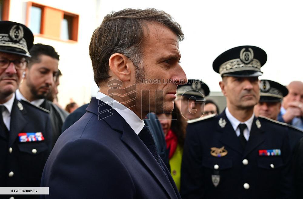 French President Macron Inaugurates Police Station In Marseille - France