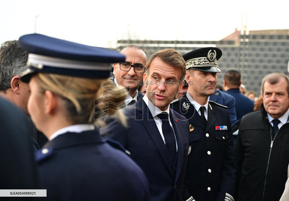 French President Macron Inaugurates Police Station In Marseille - France