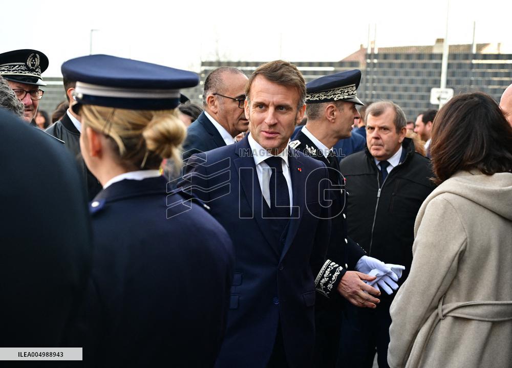 French President Macron Inaugurates Police Station In Marseille - France