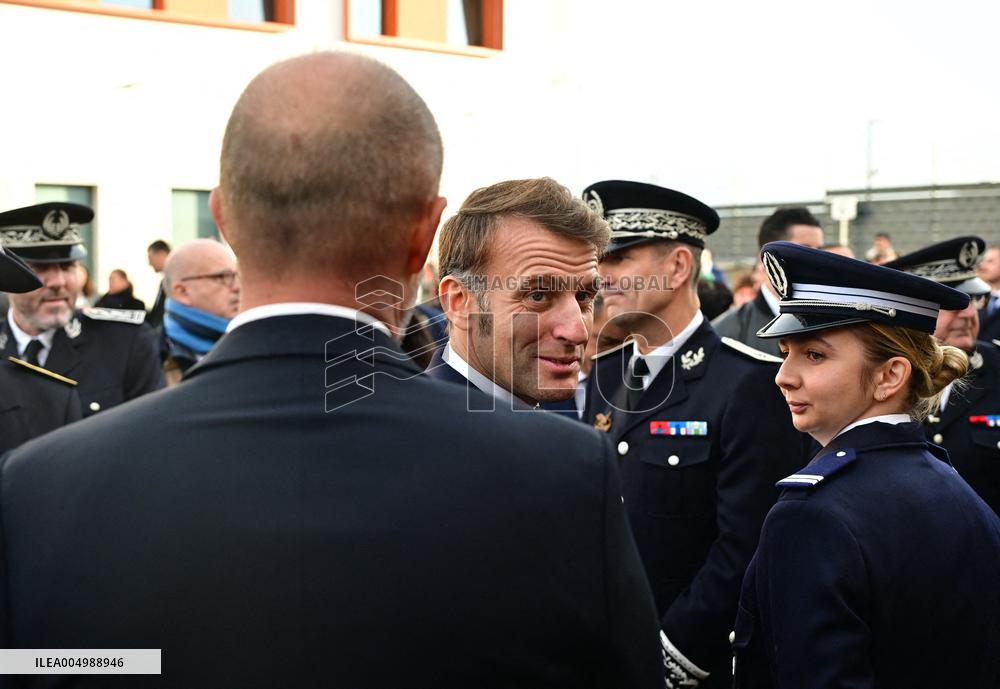 French President Macron Inaugurates Police Station In Marseille - France