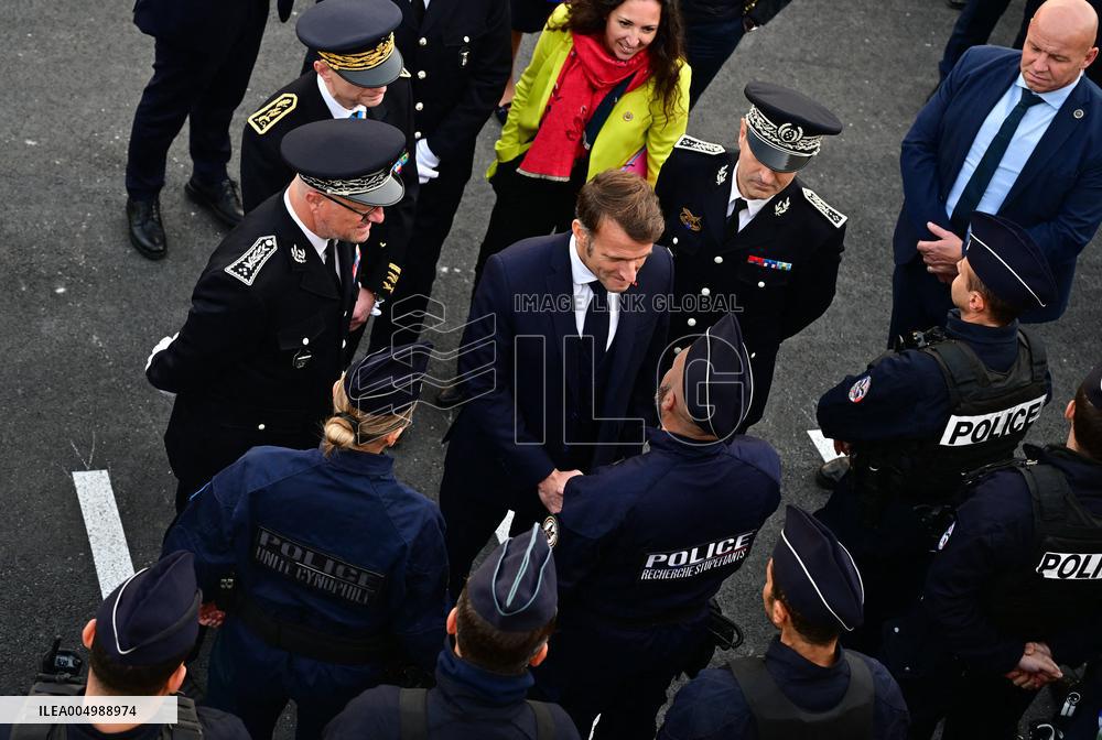 French President Macron Inaugurates Police Station In Marseille - France