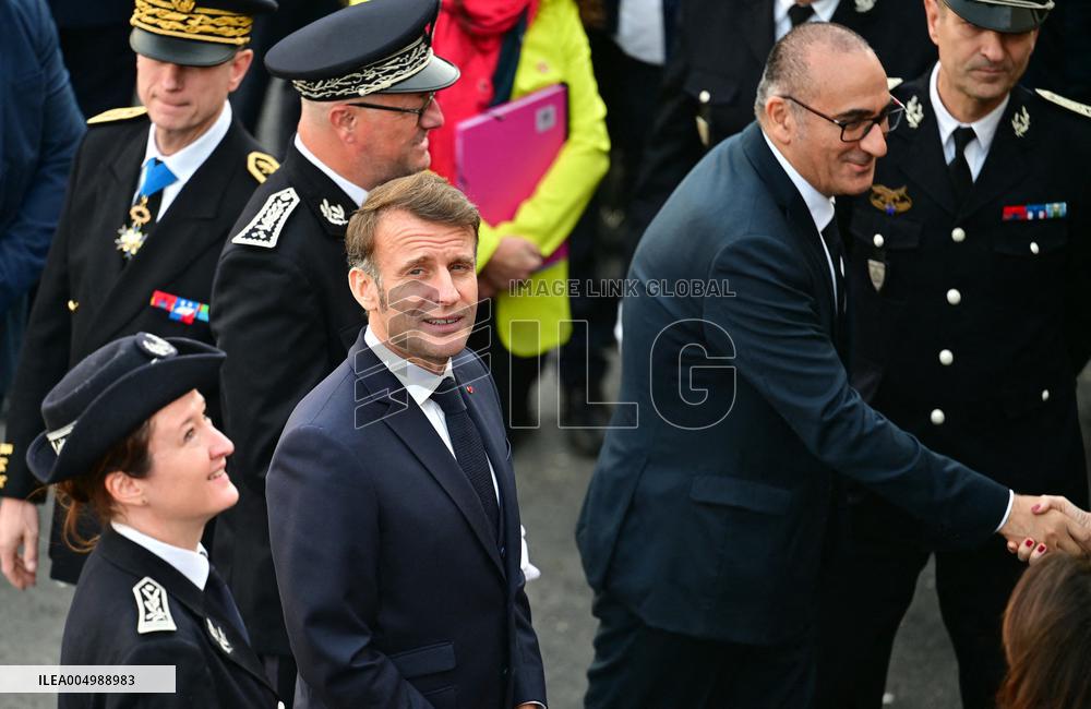 French President Macron Inaugurates Police Station In Marseille - France